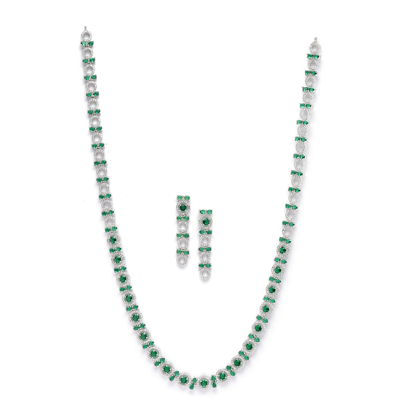 Rhodium-Plated Silver Toned Circular Green American Diamond Long Necklace with Earrings Jewellery Set