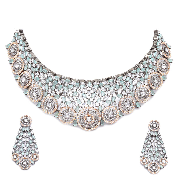 Rose Gold-Plated Gunmetal Toned Sea Green American Diamond Choker Necklace with Earrings Jewellery Set