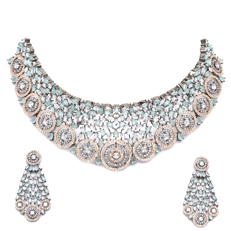 Rose Gold-Plated Gunmetal Toned Sea Green American Diamond Choker Necklace with Earrings Jewellery Set