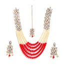 Flower Shaped Gold-Plated Kundan Pearl & Ruby Red-White Beads Studded Necklace Set With Crystal Earring and Maang Tika