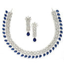 Rhodium-Plated with Silver-Toned Navy Blue and White American Diamond Studded Necklace & Earrings Jewellery Set