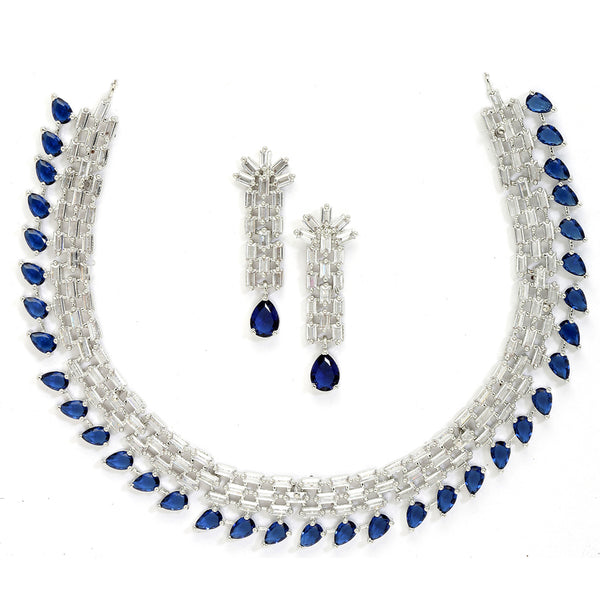 Rhodium-Plated with Silver-Toned Navy Blue and White American Diamond Studded Necklace & Earrings Jewellery Set