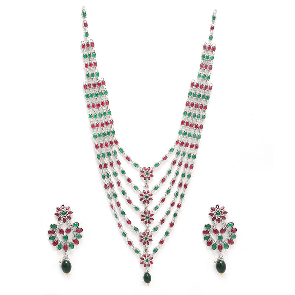 Rhodium-Plated with Silver-Tone Green & Red Kundan-Studded Layered Jewellery Set