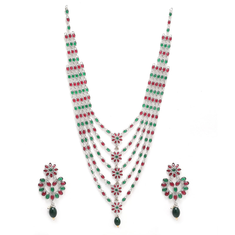 Rhodium-Plated with Silver-Tone Green & Red Kundan-Studded Layered Jewellery Set