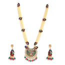 Meenakari Peacock Design Pendant with Multi-Strand Long Gold-Plated White Red Blue and Green Artificial Stones & Beads Studded Jewellery Set