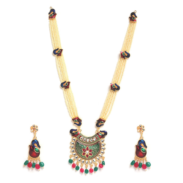 Meenakari Peacock Design Pendant with Multi-Strand Long Gold-Plated White Red Blue and Green Artificial Stones & Beads Studded Jewellery Set