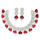 Rhodium-Plated with Silver-Toned Red and White American Diamond Studded Choker Necklace and Drop Earrings Jewellery Set