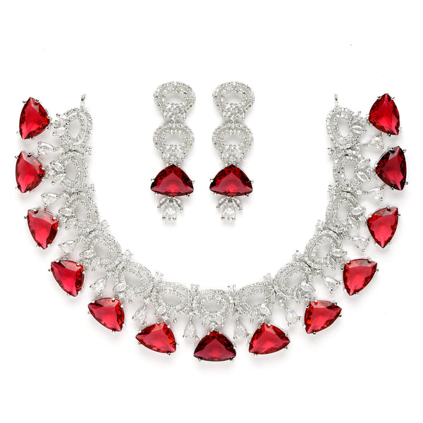 Rhodium-Plated with Silver-Toned Red and White American Diamond Studded Choker Necklace and Drop Earrings Jewellery Set