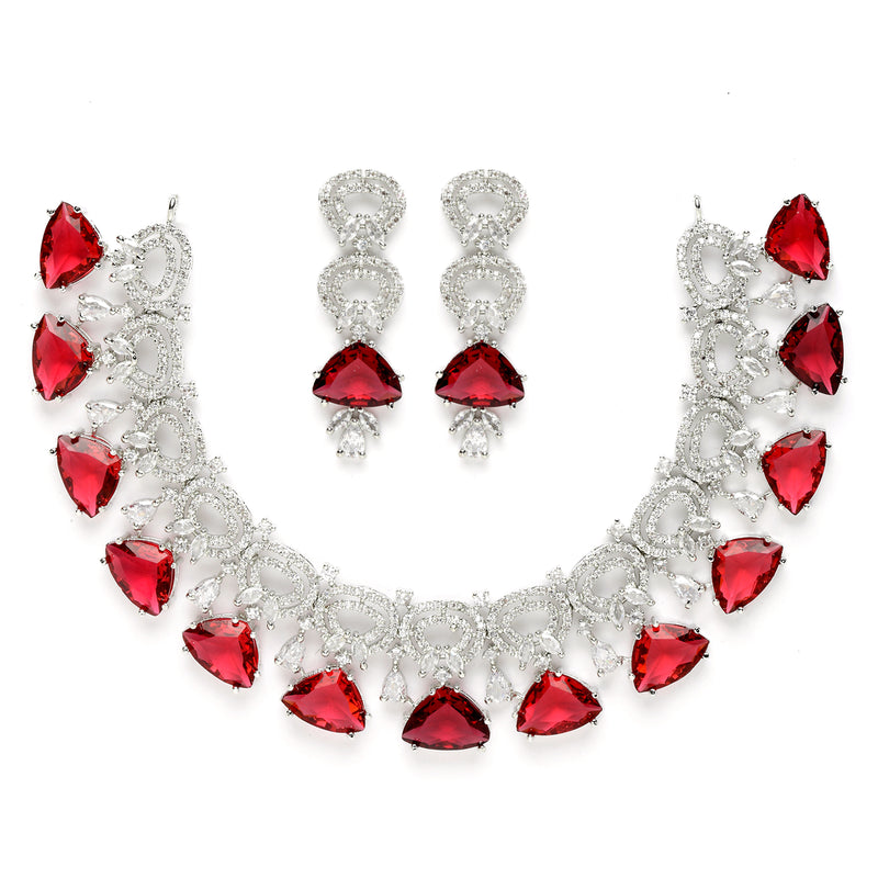 Rhodium-Plated with Silver-Toned Red and White American Diamond Studded Choker Necklace and Drop Earrings Jewellery Set