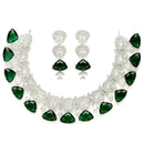 Rhodium-Plated with Silver-Toned Green and White American Diamond Studded Choker Necklace and Drop Earrings Jewellery Set