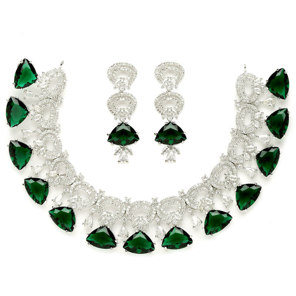 Rhodium-Plated with Silver-Toned Green and White American Diamond Studded Choker Necklace and Drop Earrings Jewellery Set