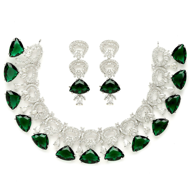 Rhodium-Plated with Silver-Toned Green and White American Diamond Studded Choker Necklace and Drop Earrings Jewellery Set
