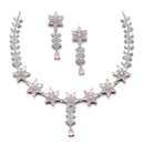 Rhodium-Plated Silver Toned Star Pink American Diamond Studded Necklace Earrings Jewellery Set