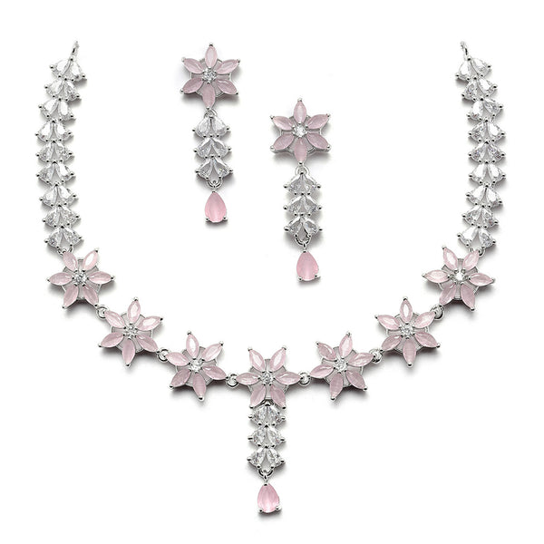 Rhodium-Plated Silver Toned Star Pink American Diamond Studded Necklace Earrings Jewellery Set