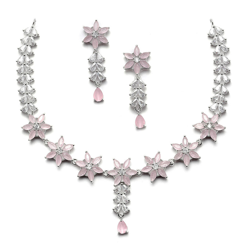 Rhodium-Plated Silver Toned Star Pink American Diamond Studded Necklace Earrings Jewellery Set