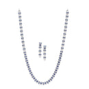 Rhodium-Plated Silver Toned Circular Navy Blue American Diamond Long Necklace with Earrings Jewellery Set