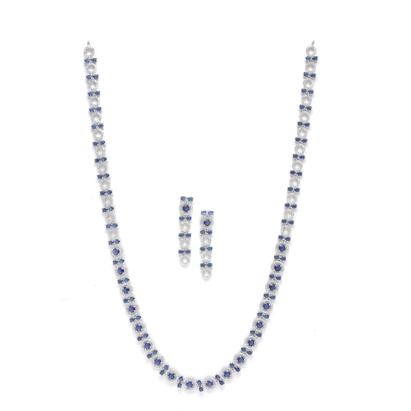 Rhodium-Plated Silver Toned Circular Navy Blue American Diamond Long Necklace with Earrings Jewellery Set