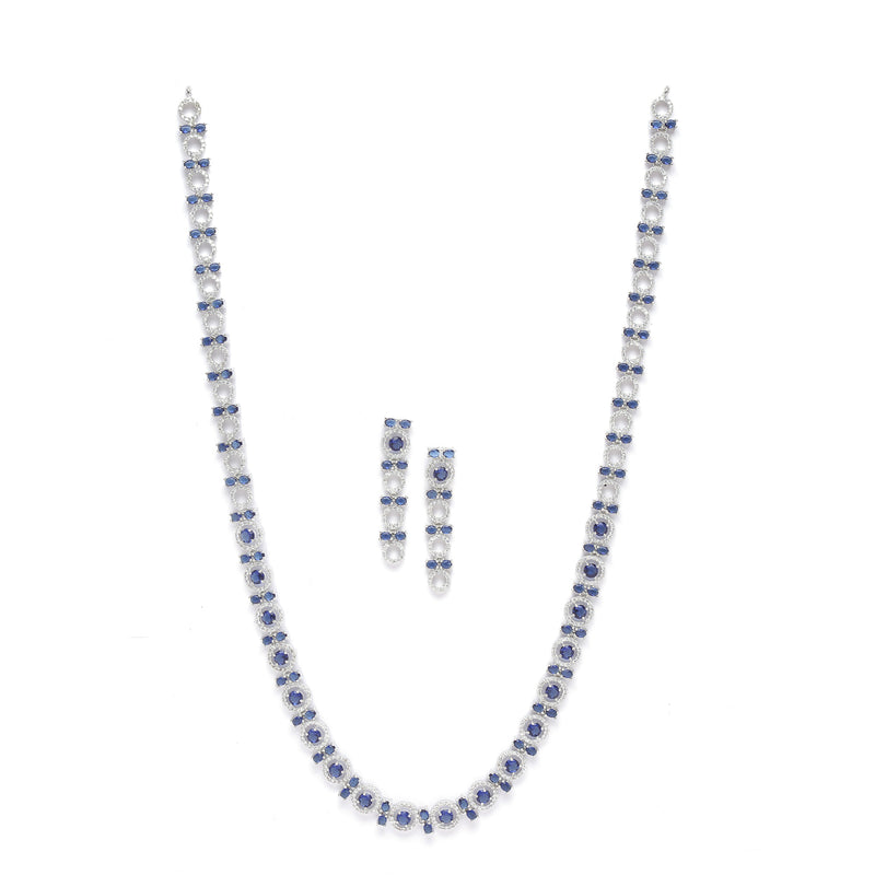 Rhodium-Plated Silver Toned Circular Navy Blue American Diamond Long Necklace with Earrings Jewellery Set
