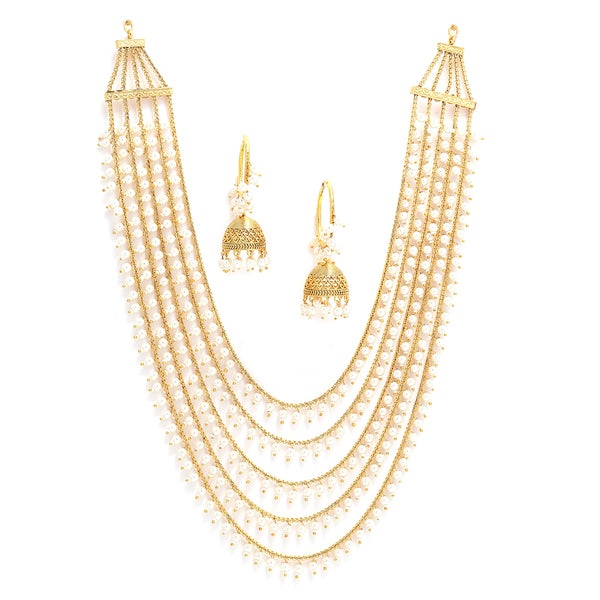 Gold-Plated White Pearl Drop 5 Layered Necklace with Hoop Jhumka Earrings