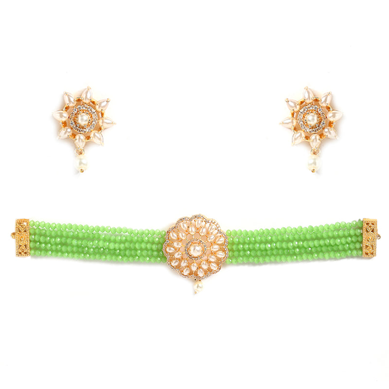 Pearl Detailing with Gold Plating Lime Green Beads Strap Choker Jewellery Set
