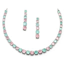 Rhodium-Plated Silver Toned Round Pink & Sea Green American Diamond Studded Necklace Earrings Jewellery Set