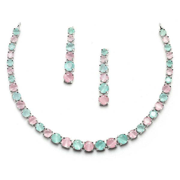Rhodium-Plated Silver Toned Round Pink & Sea Green American Diamond Studded Necklace Earrings Jewellery Set