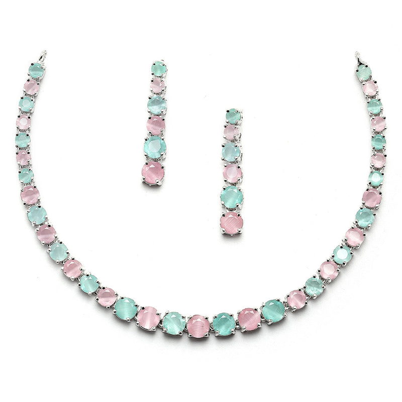 Rhodium-Plated Silver Toned Round Pink & Sea Green American Diamond Studded Necklace Earrings Jewellery Set