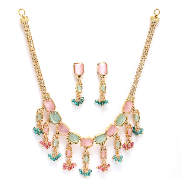 Gold-Plated Green, Pink and Sea Green Copper Filigree Necklace Jewellery Set