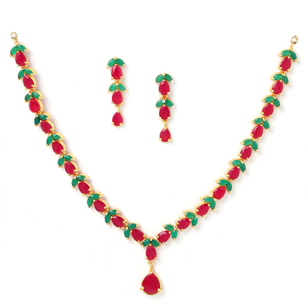 Leaf Design Gold-Plated Red American Diamond-Studded Jewellery Set