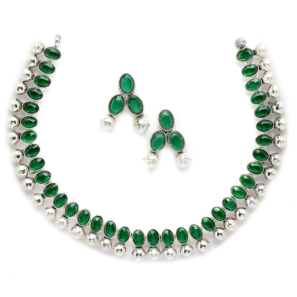 Rhodium-Plated with Oxidized Silver-Toned Green Cubic Zirconia Stone Studded & White Pearl Beaded Necklace and Earrings Jewellery Set