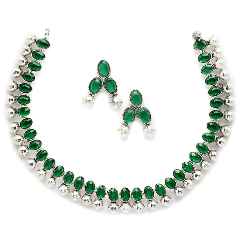Rhodium-Plated with Oxidized Silver-Toned Green Cubic Zirconia Stone Studded & White Pearl Beaded Necklace and Earrings Jewellery Set