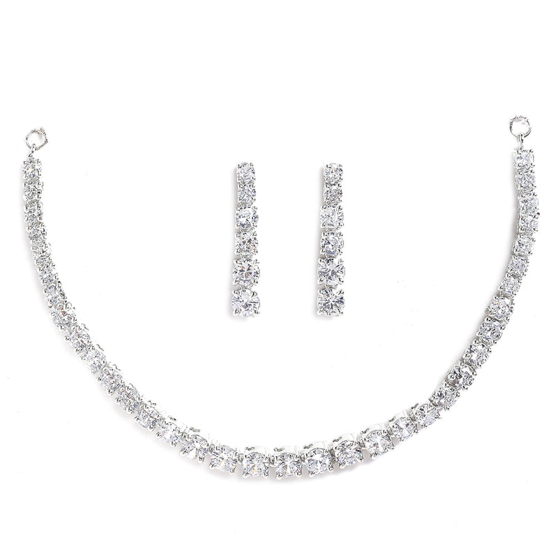 Rhodium-Plated with Silver-Tone White American Diamond Stone Studded Jewellery Set