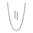 Rhodium-Plated Silver Toned Oval Navy Blue American Diamond Long Necklace with Earrings Jewellery Set