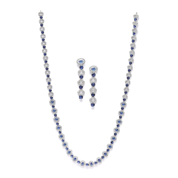 Rhodium-Plated Silver Toned Oval Navy Blue American Diamond Long Necklace with Earrings Jewellery Set