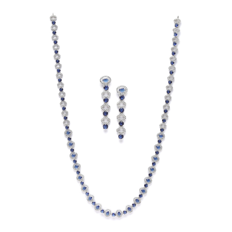 Rhodium-Plated Silver Toned Oval Navy Blue American Diamond Long Necklace with Earrings Jewellery Set