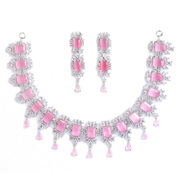 Rhodium-Plated with Silver-Tone Pink American Diamond Studded Jewellery Set