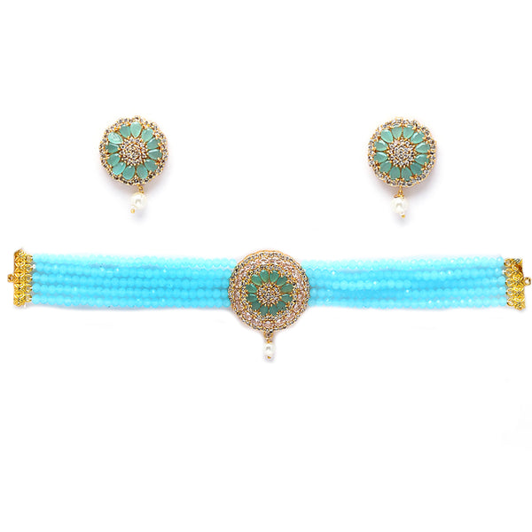 Turqoise Blue Gold-Plated Stone Studded Multistrand Choker Necklace with Earring