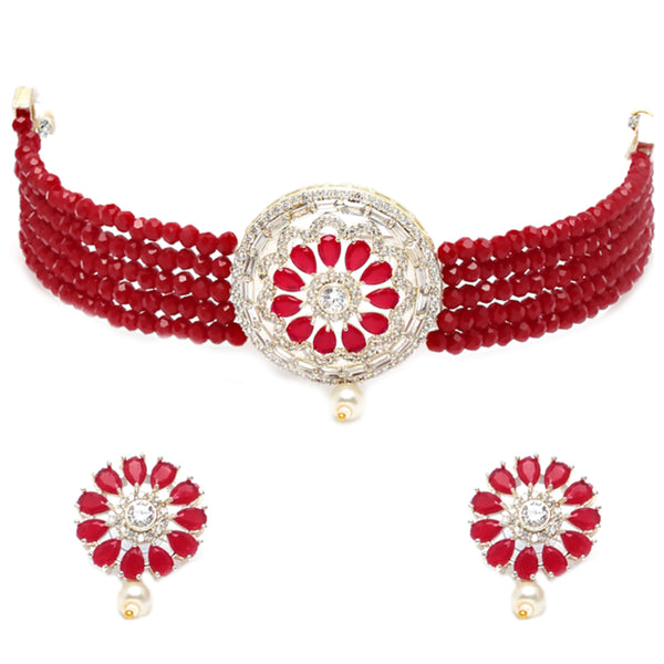 Rhodium-Plated with Oxidized Silver-Tone Red Stone-Studded & Pearl-Beaded Jewellery Set