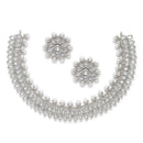 Oxidised Silver-Plated White American Diamond & White Pearl Studded Necklace Earrings Jewellery Set