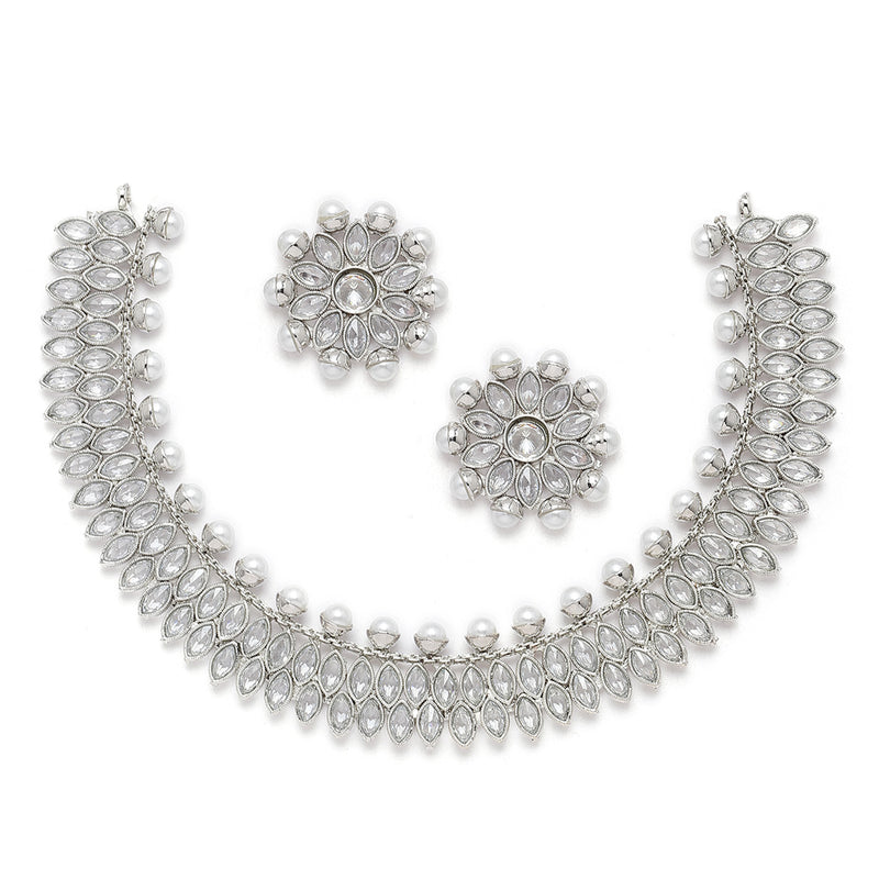 Oxidised Silver-Plated White American Diamond & White Pearl Studded Necklace Earrings Jewellery Set