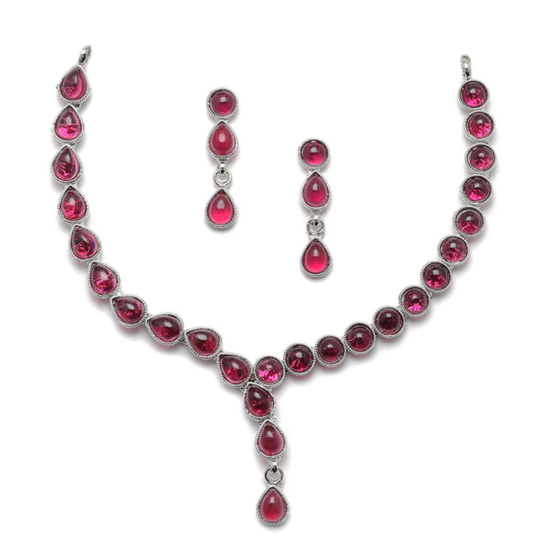 Oxidised Silver-Plated Red American Diamond Studded Necklace with Earrings Jewellery Set