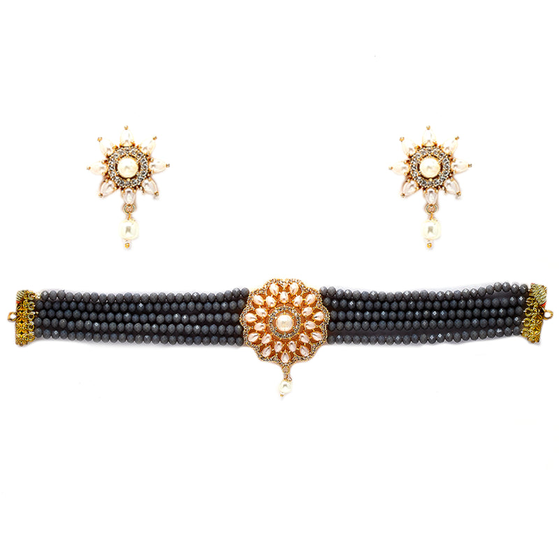 Grey Gold-plated Kundan Studded & Beaded Multistrand Choker Necklace Jewellery Set