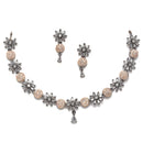 Rose Gold-Plated Gunmetal Toned White American Diamond Studded Flower-Round Necklace with Earring Jewellery Set