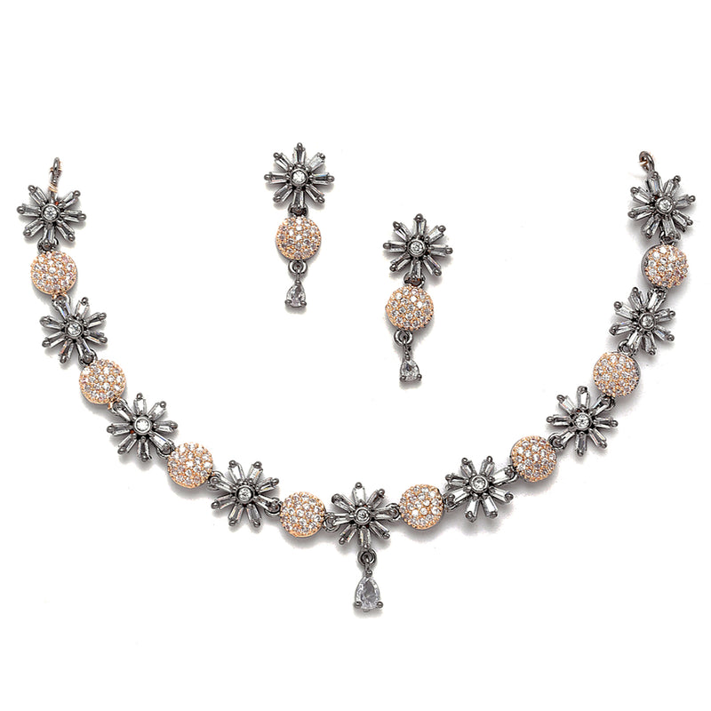 Rose Gold-Plated Gunmetal Toned White American Diamond Studded Flower-Round Necklace with Earring Jewellery Set