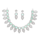 Rhodium Plated Silver Toned Teardrop Floral Design White  & Sea Green Square AD Studded Necklace Set & Matching Earrings