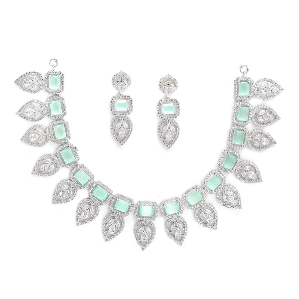 Rhodium Plated Silver Toned Teardrop Floral Design White  & Sea Green Square AD Studded Necklace Set & Matching Earrings