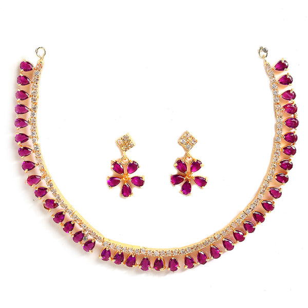 Floral Shaped Gold-Plated Pink American Diamond Studded Necklace Set with Earrings