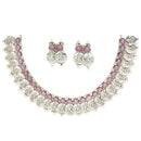 Rhodium-Plated with Oxidised Silver-Plated Pink Artificial Beads Studded & Temple Coin Jewellery Set