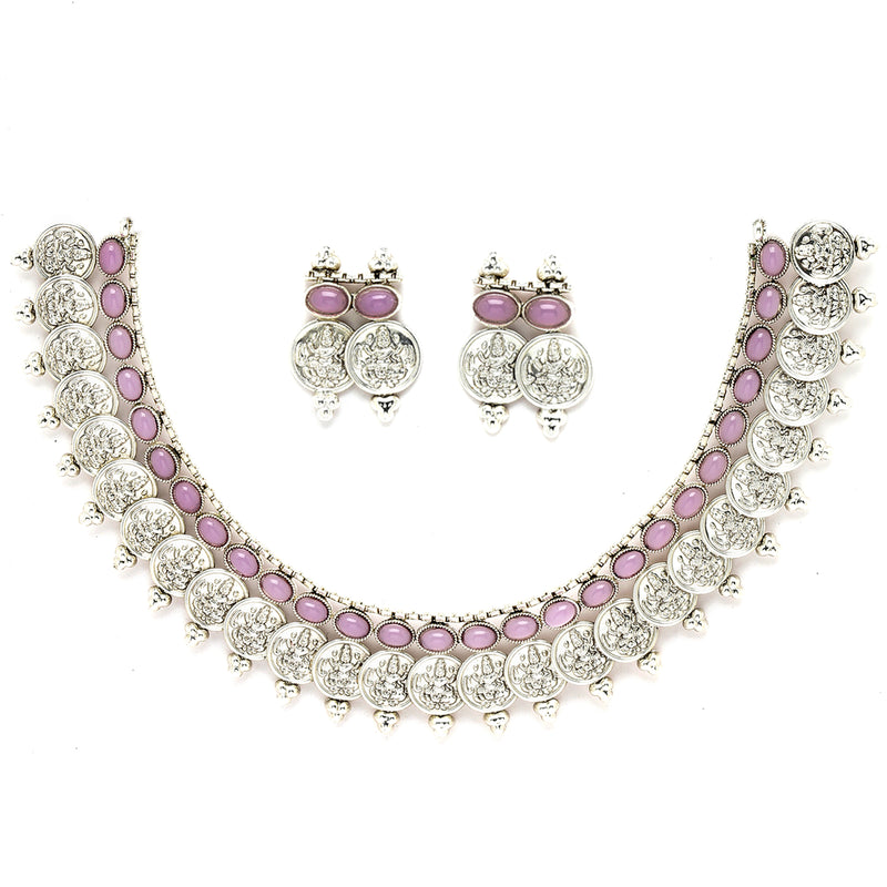 Rhodium-Plated with Oxidised Silver-Plated Pink Artificial Beads Studded & Temple Coin Jewellery Set
