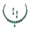 Oxidised Silver-Plated Green Round American Diamond Studded Necklace with Earrings Jewellery Set